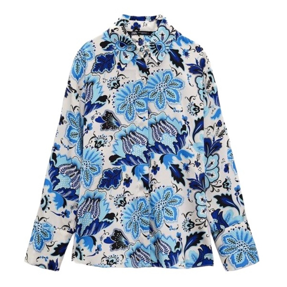 Zara Navy Aqua Blue & White Floral Satin Button Down Blouse - L
